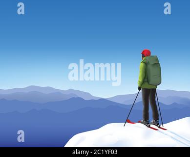 Skieur solitaire haut dans les montagnes enneigées Illustration de Vecteur
