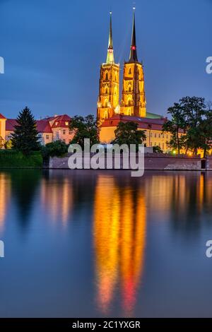 La Cathédrale de Saint Jean Baptiste à Wroclaw, en Pologne, dans la nuit Banque D'Images