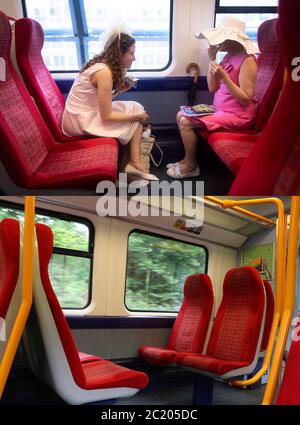 Photo composite des (haut) ractégoers voyageant sur le train de la gare de Waterloo à Londres à Ascot pour la première journée de la réunion de Royal Ascot le 18/06/19, Et (en bas) une voiture vide sur un train South Western Railway de Londres Waterloo à Ascot aujourd'hui, alors que la réunion de Royal Ascot se déroule derrière des portes fermées pendant la pandémie Covid-19. Banque D'Images