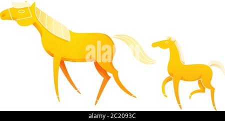 Deux chevaux. Palomino jument avec un joli poulain. Illustration de Vecteur