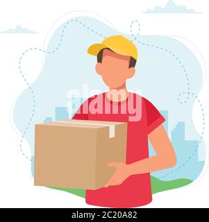 Liveur tenant une boîte. Service de livraison, livraison rapide et gratuite. Illustration vectorielle de style plat Illustration de Vecteur