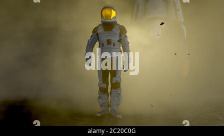 Un astronaute courageux dans le costume spatial explore la mystérieuse planète alien couverte par Mist. Voyage dans l'espace, monde habitable et concept de colonisation. Espace Banque D'Images