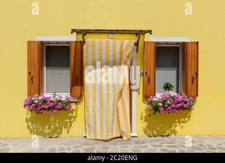 Burano Island dans la lagune de Venise célèbre pour les bâtiments et les maisons peintes de couleur ici une maison colorée typique de Burano avec fenêtre de dialogue et de fleurs Banque D'Images