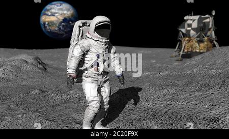 Rendu 3D. Astronaute marchant sur la lune. Animation CG. Éléments de cette image fournis par la NASA Banque D'Images