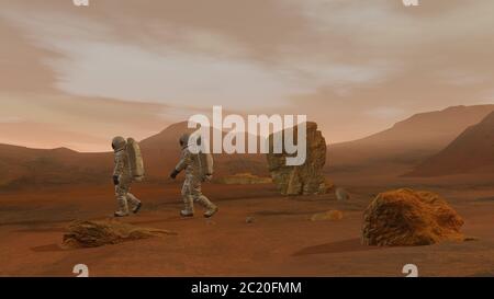 Rendu 3D. Colonie sur Mars. Deux astronautes portant une combinaison spatiale marchant sur la surface de Mars. Mission d'exploration sur Mars. Colonisation futuriste et Banque D'Images