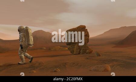 Rendu 3D. Colonie sur Mars. Deux astronautes portant une combinaison spatiale marchant sur la surface de Mars. Mission d'exploration sur Mars. Colonisation futuriste et Banque D'Images