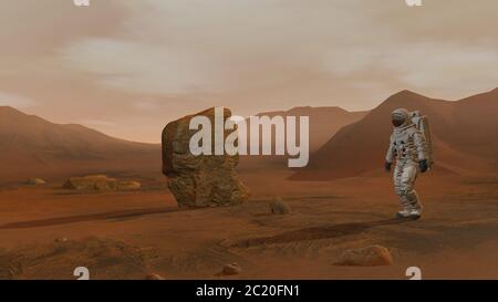 Rendu 3D. Colonie sur Mars. Deux astronautes portant une combinaison spatiale marchant sur la surface de Mars. Mission d'exploration sur Mars. Colonisation futuriste et Banque D'Images