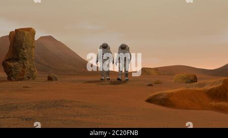 Rendu 3D. Colonie sur Mars. Deux astronautes portant une combinaison spatiale marchant sur la surface de Mars. Mission d'exploration sur Mars. Colonisation futuriste et Banque D'Images