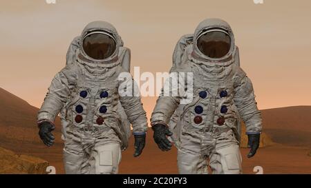 Rendu 3D. Colonie sur Mars. Deux astronautes portant une combinaison spatiale marchant sur la surface de Mars. Mission d'exploration sur Mars. Colonisation futuriste et Banque D'Images