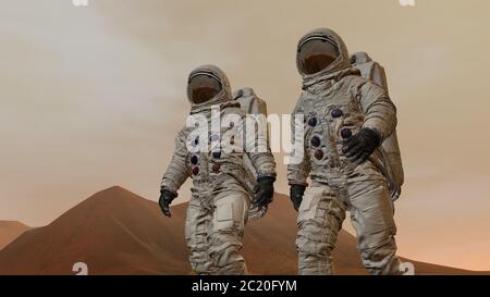Rendu 3D. Colonie sur Mars. Deux astronautes portant une combinaison spatiale marchant sur la surface de Mars. Mission d'exploration sur Mars. Colonisation futuriste et Banque D'Images