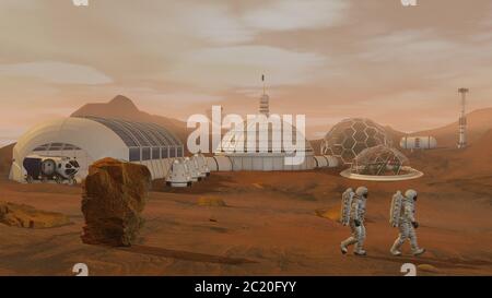 Rendu 3D. Colonie sur Mars. Deux astronautes portant une combinaison spatiale marchant sur la surface de Mars. Mission d'exploration sur Mars. Colonisation futuriste et Banque D'Images