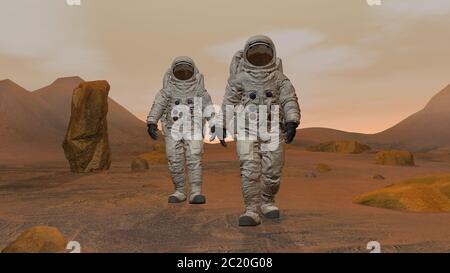 Rendu 3D. Colonie sur Mars. Deux astronautes portant une combinaison spatiale marchant sur la surface de Mars. Mission d'exploration sur Mars. Colonisation futuriste et Banque D'Images
