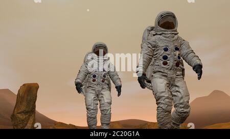 Rendu 3D. Colonie sur Mars. Deux astronautes portant une combinaison spatiale marchant sur la surface de Mars. Mission d'exploration sur Mars. Colonisation futuriste et Banque D'Images