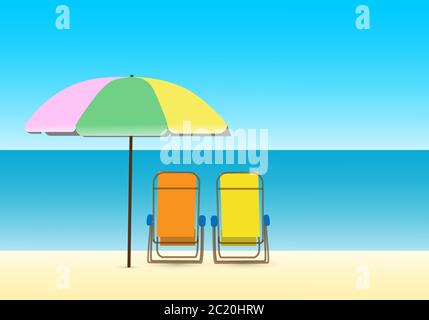 Deux chaises de plage et un parasol sur la plage. Fond de mer bleue en journée ensoleillée. Illustration de Vecteur
