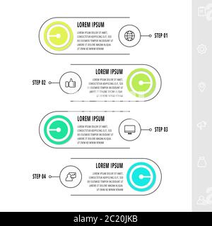 Cercles infographiques avec 4 étapes, étiquettes. Modèle de vecteur de ligne. Peut être utilisé pour les diagrammes, les activités, la présentation de flux de travail, les présentations, les diagrammes de flux, les informations Illustration de Vecteur