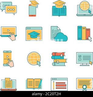 Design de jeu d'icônes de style de ligne et de remplissage, illustration vectorielle de thème Education en ligne et eLearning Illustration de Vecteur