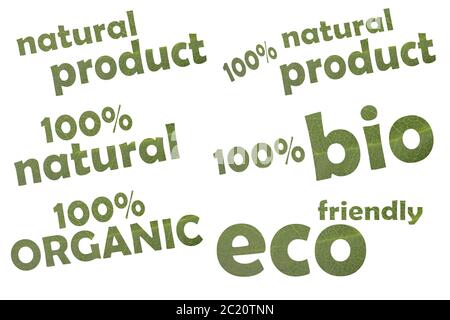 Collection de différents mots clés comme eco friendly, 100  % bio ou 100 % organique - découper d'une feuille verte Banque D'Images