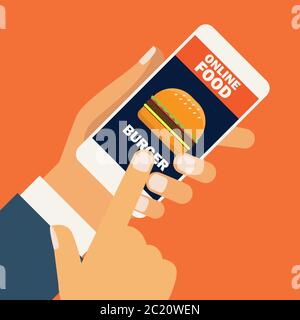 portable de main tenant téléphone portable pour acheter de la nourriture en ligne. illustration vectorielle Illustration de Vecteur