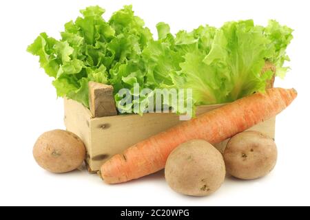 Plongée fraîche et quelques légumes d'hiver dans une caisse en bois sur fond blanc Banque D'Images