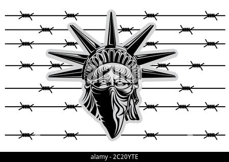 Statue de la liberté, tête avec Bandana sur le visage et barbelés sur le fond. Symbole d'illustration vectorielle de l'amérique isolée sur blanc. Illustration de Vecteur