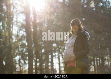 Jeune femme enceinte debout dans la forêt d'automne avec des rayons du soleil qui viennent à travers les arbres, touchant son grand ventre avec amour. Banque D'Images