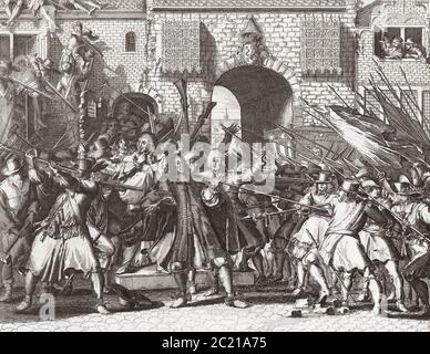 Lynch Mob saisissant les frères de Witt, Johan et Cornelis de Witt, 20 août 1672. D'une gravure anonyme après une oeuvre de Romeyn de Hooghe. Banque D'Images