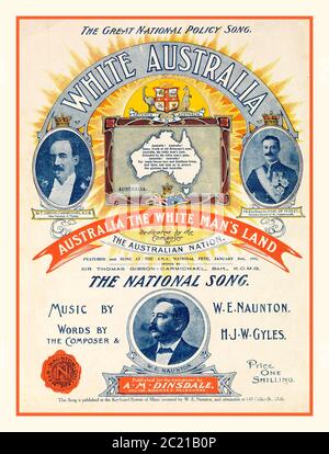 Couverture de la musique de fond raciste antiaborigène (Australie, environ 1910) partitions pour la chanson « White Australia », composée par W.E. Naunton avec des mots de Naunton et H.J.W. Gyles, et joué à l'Australian Natifss' Association National Fete, 31 janvier 1910. Les motifs sur la feuille de musique incluent une carte blanche de l'Australie. Naunton était un compositeur prolifique qui a écrit de la musique pour de nombreuses chansons relatives au nationalisme australien et à d'autres sujets. 'Un peuple, un destin, une Nation' - 'un drapeau, une langue, une destination de peuple. Australie la terre de l'homme blanc, / défendue par les armes de l'homme blanc Banque D'Images