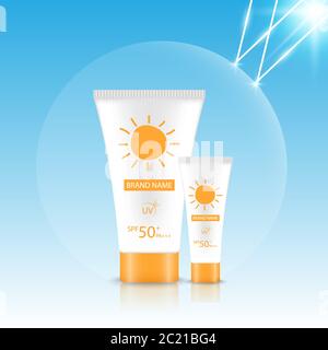 Maquette de conception de produit Sunblock, design de publicité cosmétique, illustration vectorielle Illustration de Vecteur