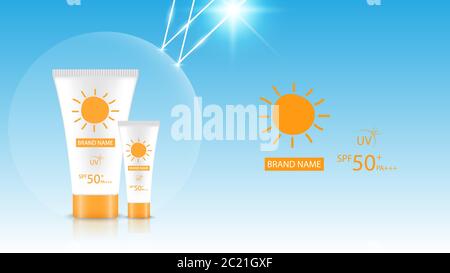 Maquette de conception de produit Sunblock, design de publicité cosmétique, illustration vectorielle Illustration de Vecteur