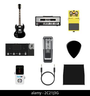 Icône instruments de musique, guitare, amplificateur, prise de câble de signal, pédale de sélection et d'effet, illustration vectorielle réaliste Illustration de Vecteur