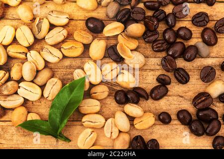 Vue de dessus des grains de café séchés et torréfiés. Banque D'Images