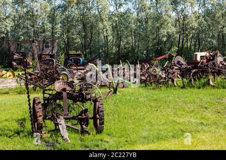 tracteur ancien et historique dans un champ Banque D'Images