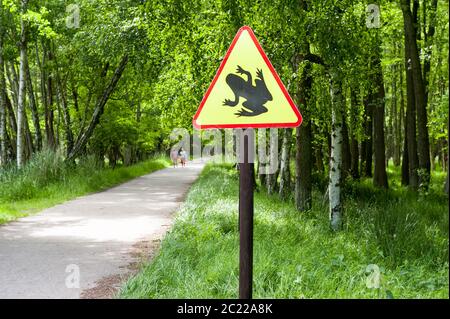 Les grenouilles de panneau de signalisation sur une route de Leba, Pologne Banque D'Images