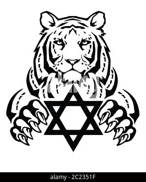 Le tigre et le symbole du judaïsme - étoile de David, Megan David, dessin pour tatouage, sur fond blanc, vecteur Illustration de Vecteur