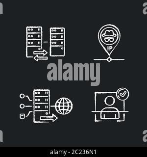 Les icônes blanches de la craie de réseau virtuel sont définies sur fond noir Illustration de Vecteur
