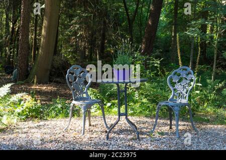 Vue d'ensemble de belles, de style vintage sièges de jardin en fer forgé et table entourée de fleurs d'été plantes et arbres dans le soleil brumeux Banque D'Images