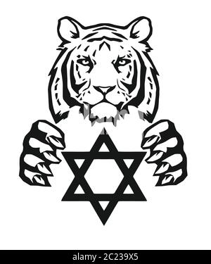 Le tigre et le symbole du judaïsme - étoile de David, Megan David, dessin pour tatouage, sur fond blanc, vecteur Illustration de Vecteur