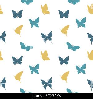 Papillons volant dans les couleurs bleu et jaune motif sans couture. Motif papillon pour tissu, papier. Illustration de Vecteur