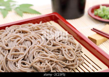 Nouilles soba de Zaru japonaises dans un bol en céramique sur fond blanc Banque D'Images