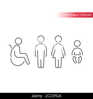 Jeu de symboles vectoriels pour toilettes ou wc. Hommes, femmes, handicapés, icônes chandiantes. Contour, contour modifiable. Illustration de Vecteur