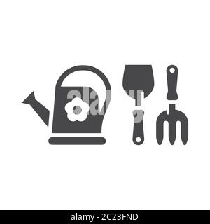 Outils de jardinage jeu d'icônes noir simple vecteur. Truelle ou pelle avec fourche et arrosoir icônes de jardin Illustration de Vecteur