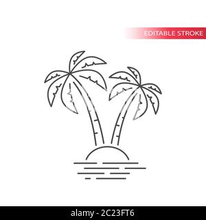 Palmier et île tropicale dans la mer simple icône de ligne mince. Contour, vecteur de contour modifiable. Illustration de Vecteur