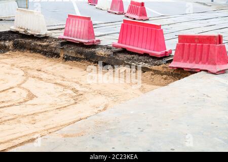 La réparation des voies de tram dans la ville de Moscou - démonté le tram route sur crossway Banque D'Images