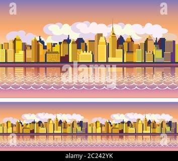 composition panoramique stylisée et sans couture d'une ville moderne dans la lumière du matin Illustration de Vecteur