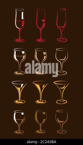 Ensemble de verres stylisés pour le vin, le champagne, le whisky, le cognac, le brandy, le rhum, etc. Dans quelques interprétations, coloré Illustration de Vecteur