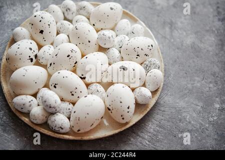 Composition des oeufs de Pâques en pointillé blanc traditionnel en blanc plaque en céramique Banque D'Images