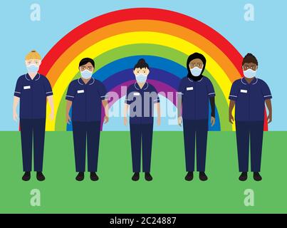 Le personnel de l'hôpital NHS porte des masques avec un arc-en-ciel Illustration de Vecteur
