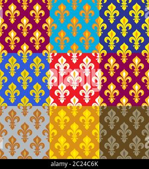 Lys héraldique royale (fleur de lis) -- papier peint couleur riche, textile, tissu motif transparent, lot de 9 versicolored 600x600. Banque D'Images