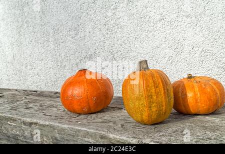 Citrouilles d'automne orange sur une ancienne table en bois contre un mur blanc. Aliments biologiques et aliments sains. Thanksgiving et Halloween concept. Banque D'Images