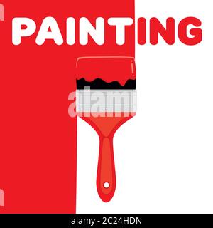 Illustration vectorielle. Le mot « peinture » et le pinceau couvrent un arrière-plan blanc de couleur rouge. Format carré. Illustration de Vecteur